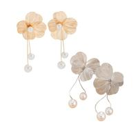 2-Pair Ginkgo Flower Pearl Drop Earrings - Gold & Silver Statement Floral Dangle Jewelry for Women, Trendy Long Chunky Earrings for Special Occasions