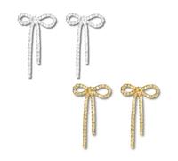 2 Pair Gold and Silver Earrings Drop for Women, Gold and Silver Bow Earrings for Women with Drop Dangle Tassel, Bowknot Design with Crystal, Suitable for Everyday Wear Occasions