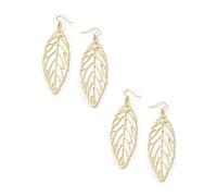 2-Pair Gold Fish Hook Glitter Powder Hollow Leaf Vein Plastic Long Dangle Earrings - Minimalist Boho Forest Botanical Spring Lightweight Statement Jewelry for Women