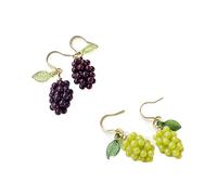 2-Pair Gold Fish Hook Transparent Purple & Lime Green 3D Grape Cluster Dangle Earrings - Sweet Fruity Summer Cottagecore Novelty Statement Jewelry for Women