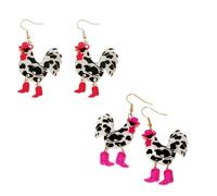 2-Pair Gold Hook Cow Print Chicken Dangle Earrings with Pink & Red Cowboy Boot Charms - Fun Western Country Farm Novelty Statement Jewelry for Women