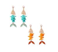 2-Pair Gold Post Dual-Color Orange Teal Coral Fish Tail Plastic Dangle Earrings - Tropical Ocean Beach Summer Nautical Marine Minimalist Novelty Statement Jewelry for Women