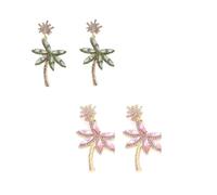 2-Pair Gold Post Dual-Tone Pink & Light Green Rhinestone Plastic Coconut Palm Tree Dangle Earrings - Tropical Beach Nautical Summer Vacation Resort Bohemian Novelty Statement Jewelry for Women