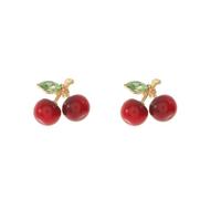 2-Pair Gold Post Glossy Translucent Red Plastic Double Cherry Dangle Stud Earrings - Sweet Fruity Cottagecore Summer Cute Novelty Statement Jewelry for Women
