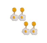 2-Pair Gold Post Two-Part Glossy Enamel Fried Egg Plastic Dangle Earrings - Cute Breakfast Food Novelty Minimalist Cottagecore Casual Statement Jewelry for Women