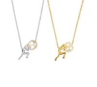 2-Pair Gold & Silver Tone Tiny Human Figure Push Baroque Pearl Pendant Necklaces - Minimalist Art Inspirational Dainty Statement Jewelry for Women