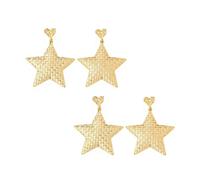 2-Pair Gold Woven Texture Heart Linked Big Star Drop Earrings - Celestial Romantic Minimalist Daily Evening Party Statement Jewelry for Women