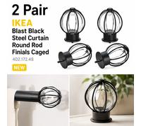 2 Pair IKEA Blast Black Steel Curtain Round Rod Finials Caged 402.172.48 NEW