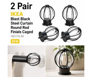 2 Pair IKEA Blast Black Steel Curtain Round Rod Finials Caged 402.172.48 NEW