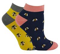 2 Pair Multipack Ladies Bamboo Trainer Socks | Miss Sparrow | Breathable Novelty Animal Patterns Socks (4-7, Honey Bees), (SPA-TRAI-2PK-MN)