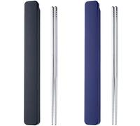 2 Pair Portable Chopsticks with Pull Design Case, Reusable Metal Stainless Steel Chopstick Travel Utensil for School Home Office Outdoor Camp Bento Box Use, Dishwasher Safe (Black, Dark Blue)