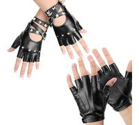2 Pair Punk Gloves Black, Black Fingerless Gloves with Studded Chains and PU Leather, Punk Rock Accessories for Concerts Parties Rocker Outfit Halloween Cosplay Costume for Men Women Teens