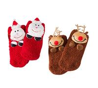 2 Pairs 3D Christmas Socks for Baby - DesignerBox Fuzzy and Soft Christmas Birthday Plush Socks with Santa Claus Elk Tree Snowman (Sant Elk)