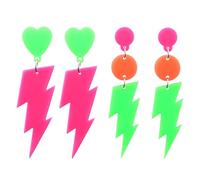 2 Pairs 80s 90s Neon Earrings for Women, Acrylic Retro Rose Red & Green Lightning Bolt Dangle Neon Earrings for 80s 90s Theme Party Costume Outfit Accessories Glowing Party Fashion Jewellery