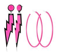 2 Pairs 80s Earring Neon Hoop Earrings Ladies Neon Hoop Earrings Accessories Lightning 80s Jewellery for Women Halloween Costume Fancy Dress Accessories