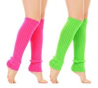 2 Pairs 80s Leg Warmers for Women Neon Retro Women 80s Adult Ribbed Knitted Leg Warmers Crochet Y2K Fashion Yoga Party Sports Accessories for Ice Skating and 80's Parties Rose Red Fluorescent Green