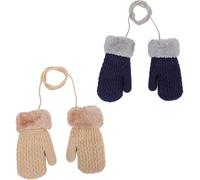 2 Pairs Baby Winter Knitted Mittens with String Cute Warm Fleece Lined Gloves Fluffy Mittens for Cold Weather Toddler Girls Boys Age 1-3 Years (Beige+Navy)
