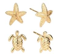 2 Pairs Beach Earrings for Women, Golden Starfish Turtle Earrings Set Dainty Stylish Beach Jewelry Summer Accessories for Women