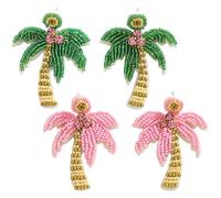 2 Pairs Beaded Palm Tree Earrings Set for Women, Handmade Beads Green Pink Coconut Tree Dangle Earrings for Beach Summer Holiday Jewelry Gift, Large, Beads, No Gemstone