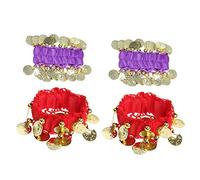 2 Pairs Belly Dance Stretchy Bracelets Gold Coin Bracelet Belly Dance Bangle Anklet Chiffon Wrist Cuff Ankle Costume Accessory for Women Girl Halloween Drama Actors Zumba Class (Red Purple)