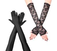 2 Pairs Black Long Lace Gloves Set, Fingerless & Elbow Length, Women's Stretchy Satin Gloves for Wedding, Prom, Opera Party (53cm)