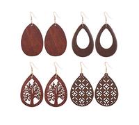 2 Pairs Bohemian Lightweight Wooden Tree of Life Dangle Earrings Handmade Teardrop Round Wood Earrings for Women, Metal Wood