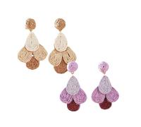 2 Pairs Boho Raffia Colorful Earrings, Handmade Geometric Drop Studs Bohemian Statement Earrings Set Summer Tropical Beach Jewelry for Women Girls Brown and Purple
