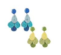 2 Pairs Boho Raffia Colorful Earrings, Handmade Geometric Drop Studs Bohemian Statement Earrings Set Summer Tropical Beach Jewelry for Women Girls Blue and Green