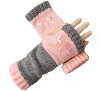 2 Pairs Cat Embroidery Splicing Knitted Gloves, Leaky Finger Casual Women's Glove with Cat Face, Cute Warm Knitted Fingerless Gloves for Winter Wear