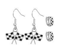 2 Pairs Checkered Earrings, 2 Design Black and White Ladies Checkered Flag & Hoop Pendant Earring Vintage Jewelry Accessories Women's Racing Charm for Race Drivers and Fans Gift