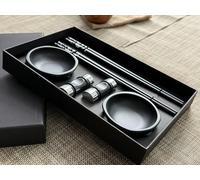 2 Pairs Chopstick Set Luxury Dragon Design with Dishes, Premium Chopstics with Holders, Black
