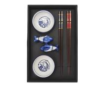 2 Pairs Chopstick Set with Fish Design Ceramic Dishes, Premium Chopstics with Holders, Quality Gift Set