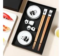 2 Pairs Chopstick Set with Panda Design Ceramic Dishes, Premium Chopsticks with Holders, Black and White