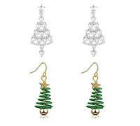 2 Pairs Christmas earrings, Festive Green Christmas Tree Dangle Earrings with Sparkling Silver Details, Funky Drop Xmas Jewellery Gifts for Women and Girls (Green & Silver)