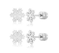 2 Pairs Christmas Snowflake Earrings Stud for Women, Titanium Screw Back Winter Earrings Hypoallergenic Surgical Stainless Steel Earrings for Sensitive Ears Holiday Jewelery Set Gifts, 6mm, Stainless