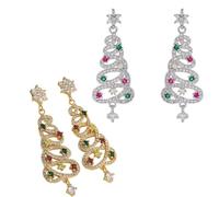 2 Pairs Christmas Tree Dangle Earrings for Women, Gold & Silver Rhinestone-Encrusted Xmas Earrings, Festive Holiday & Gift Jewelry