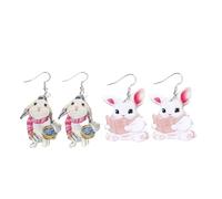 2 Pairs Creative Easter Earrings Set for Women Fiends Handmade Acrylic Cute Reading Cartoon Pink Rabbit Dangle Earrings Jewelry Gifts, Acrylic, No Gemstone