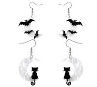 2 Pairs Cute Halloween Dangle Earrings, Acrylic Bat & Black Cat on the Moon Drop Earrings Creative Halloween Themed Jewelry for Women Cosplay Costume Accessories