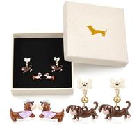 2 Pairs Dachshund Earrings Set for Women, Sausage Dog Christmas Jewellery | Two Distinct 3D Dog Looks with Playful Stud and Dangling Styles, Gift Box Included for Festive Gifting to Dachshund Owners