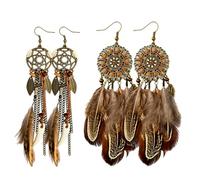 2 Pairs Dream Catcher Feather Earrings,Vintage Tassel Drop Dangle Earrings