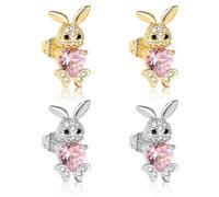 2 Pairs Easter Bunny Earrings for Women Sparkly Crystal Bunny Stud Earrings Cute Gold Silver Rabbit Stud Ear-rings Spring Holiday Jewelry Easter Basket Stuffers for Her, Zinc, Cubic Zirconia