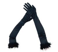 2 Pairs Elegant Satin Dance Party Gloves Plush Feathers Full Finger For Women Halloween Long Accessories For Prom Opera(Black)