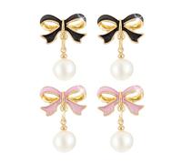 2 Pairs Exquisite Pearl Drop & Bow Earrings - Ladies Hypoallergenic Pierced Gifts