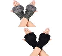 2 Pairs Fingerless Winter Gloves Short Touchscreen Gloves Thumb Hole Mittens Knitted Warm Gloves with Faux Fur (Black and Dark Gray)(Size: M)
