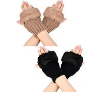 2 Pairs Fingerless Winter Gloves Short Touchscreen Gloves Thumb Hole Mittens Knitted Warm Gloves with Faux Fur, Black and Camel, M