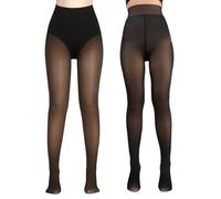 2 Pairs Fleece Lined Tights for Women- Triangle Crotch Design Fake Translucent Thermal Tights,Winter Pantyhose WomenTights, Black+black, L