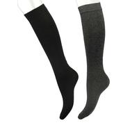 (2 Pairs) Gift Box - Women's Knee High Socks in Very Fine Wool-Cashmere Yarn Classic Solid Colour - 100% Made in (Brescia) Italy, BLACK-FUMO, One Size