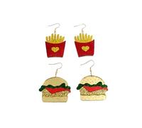 2 Pairs Glitter Acrylic Fast Food Dangle Earrings - Featuring Hamburger & French Fries Design, Sparkling Statement Jewelry Inspired by Playful Street Food Style for Summer Parties Festivals Daily