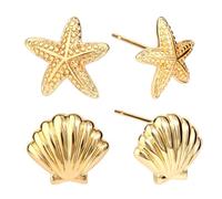 2 Pairs Gold Earrings for Women, Summer Beach Starfish Shell Stud Earrings Set Copper Material Dainty Ocean-Themed Jewelry Accessories for Summer Travel Vacation Daily Wear (Gold)