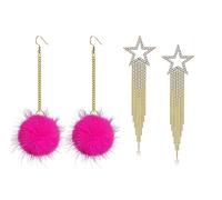 2 Pairs Halloween Earrings for Women Silver Disco Ball Star Dangle Tassel Earrings Pink Pom Pom Earrings Halloween Space Cowgirl Outfit Accessory Jewelry Gifts, Metal, No Gemstone